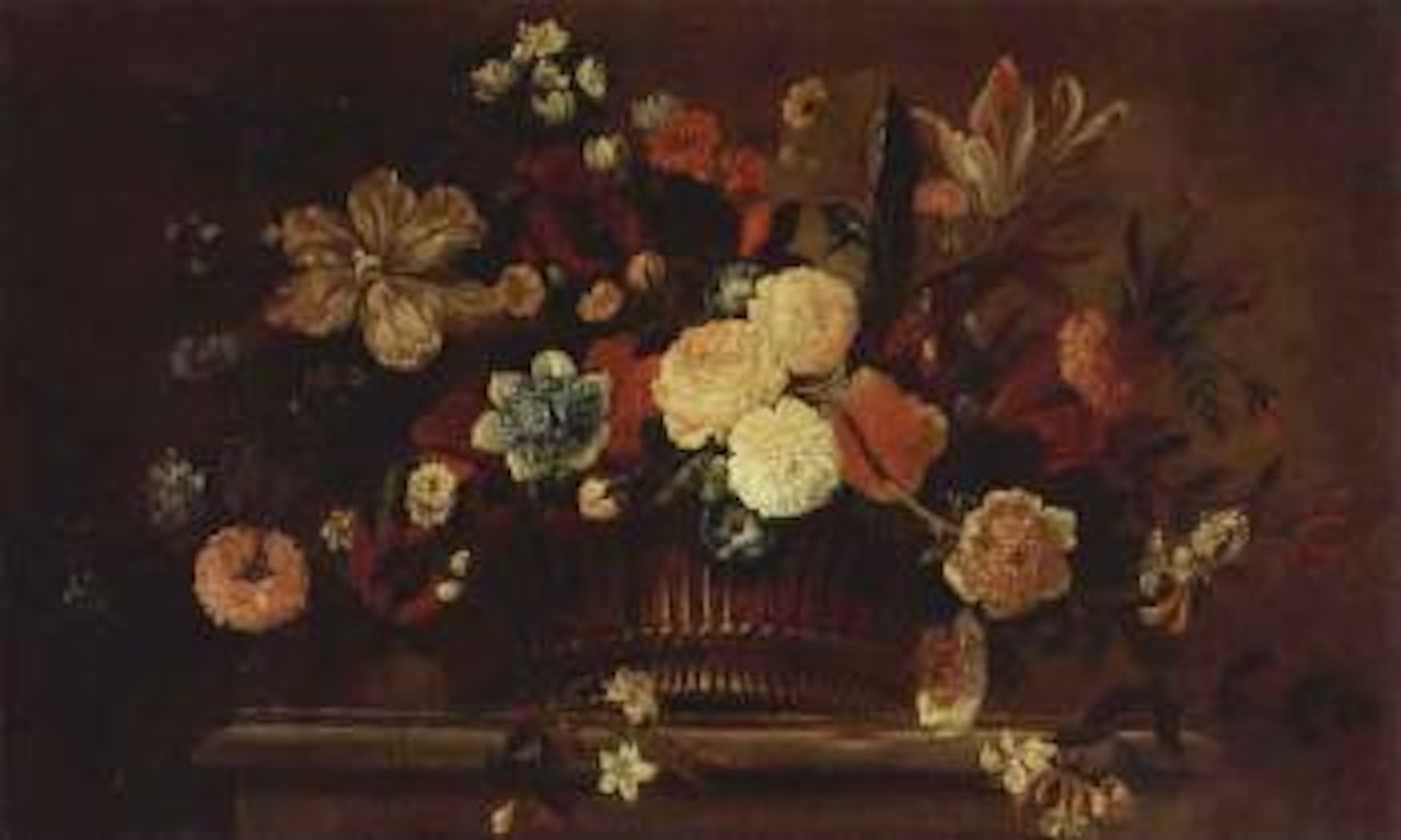 Roses, tulips, carnations and other flowers in basket on ledge by Jean Baptiste Monnoyer
