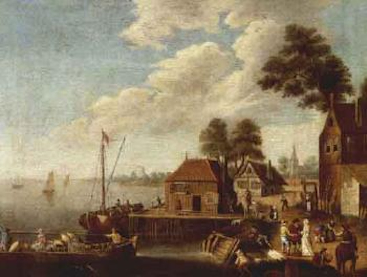 Figures on quayside in river estuary by Dutch School