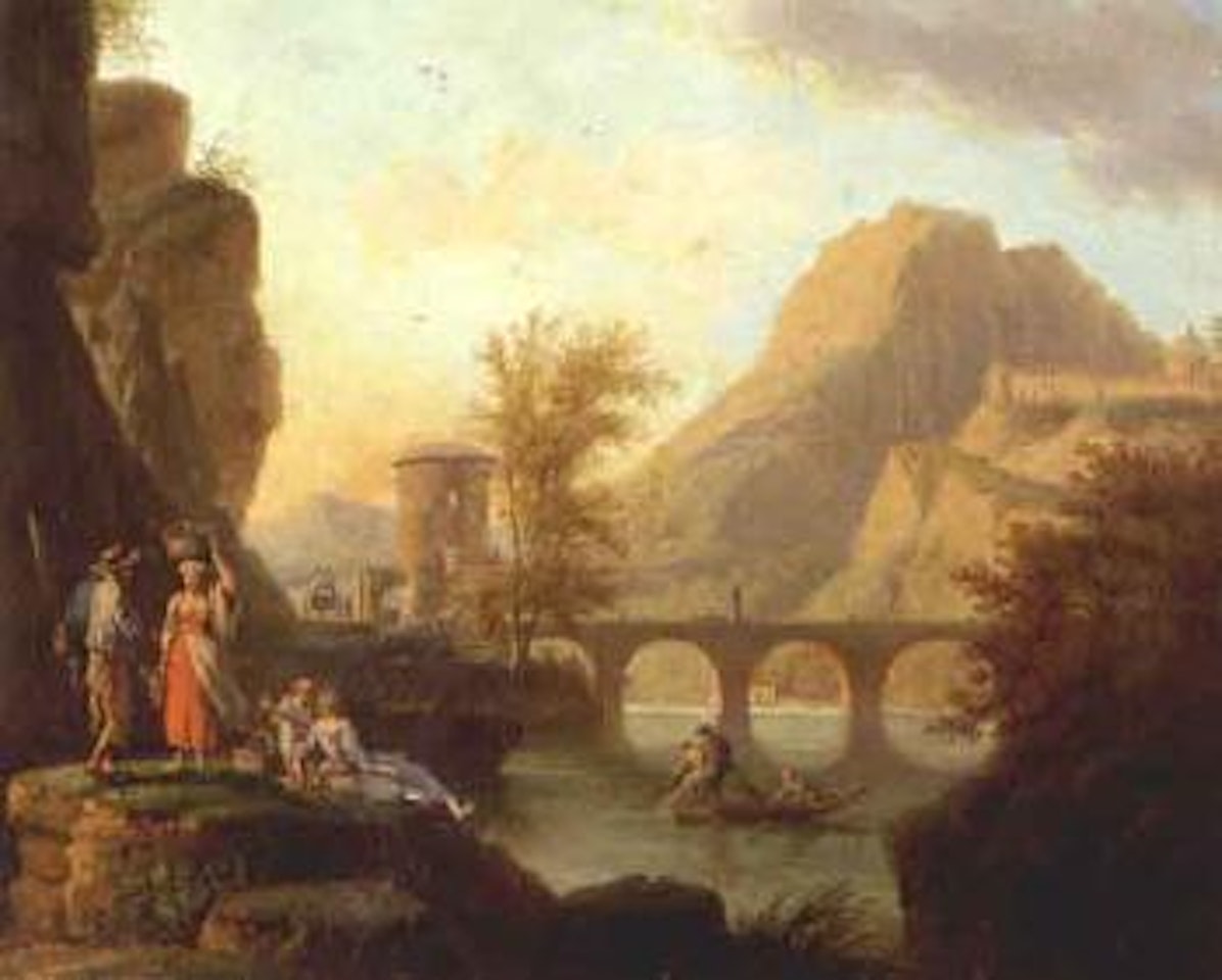 Fisherfolk conversing on riverbank, bridge beyond by Jacob Philipp Hackert