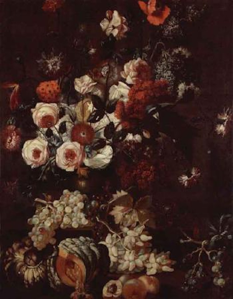 Roses, carnations, peonies and other flowers in an urn with fruit on a ledge by Abraham Brueghel