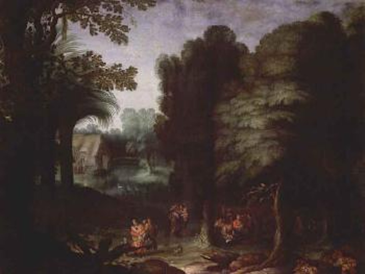 Wooded landscape with travellers on track by Abraham Govaerts