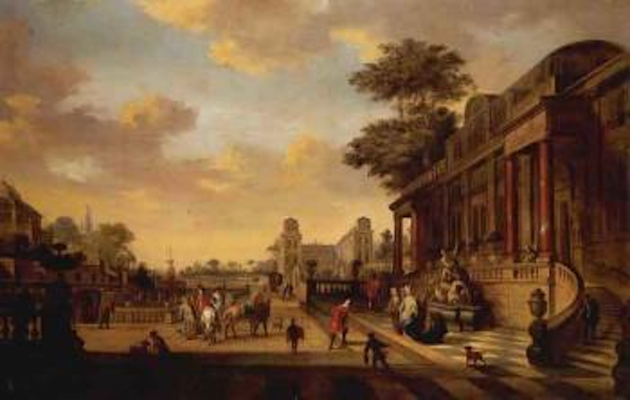 Capriccio of a baroque town with figures on a terrace by Egbert van Heemskerk III