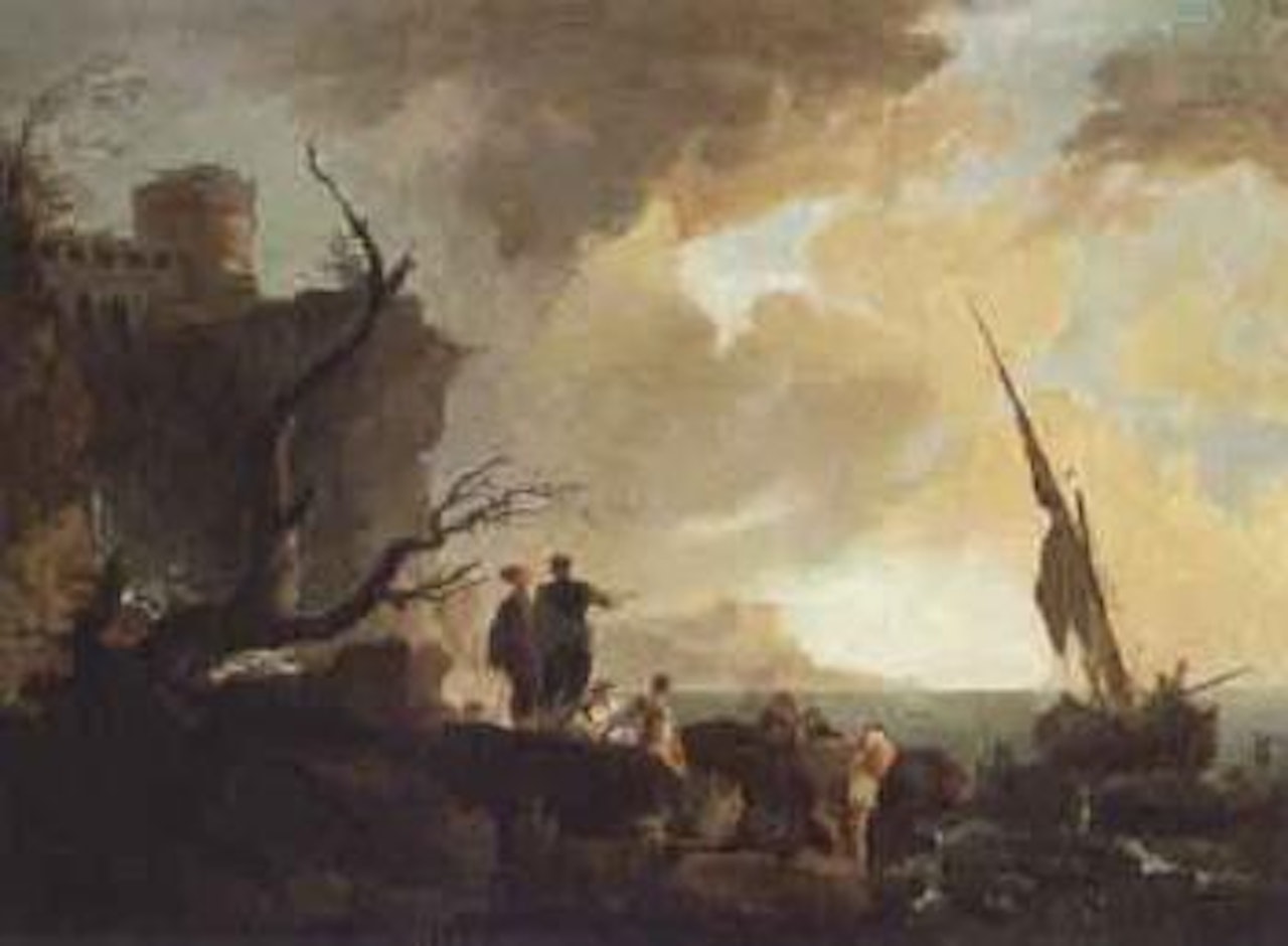 Mediterranean coastline with fisherfolk on shore by Claude Joseph Vernet