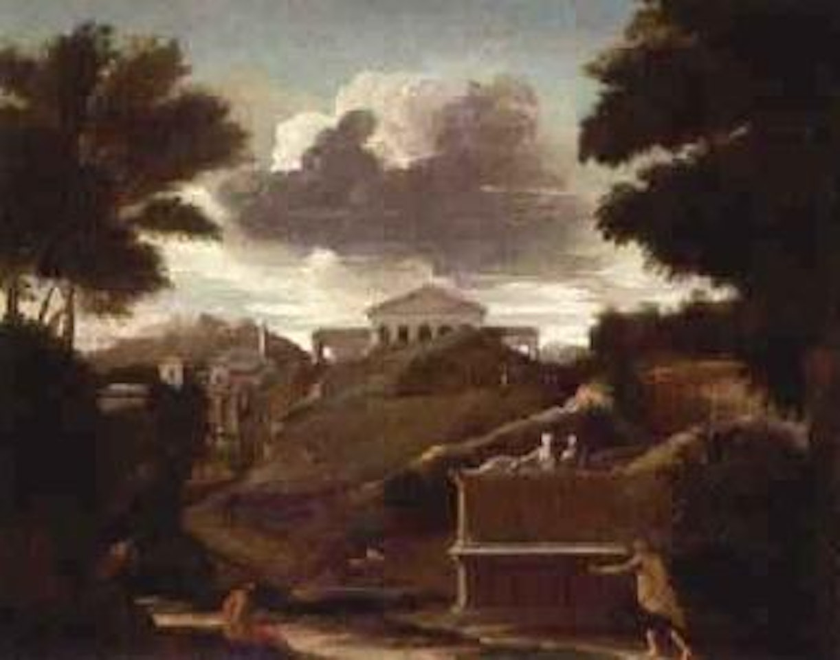 Figures by a tomb in classical landscape by Nicolas Poussin