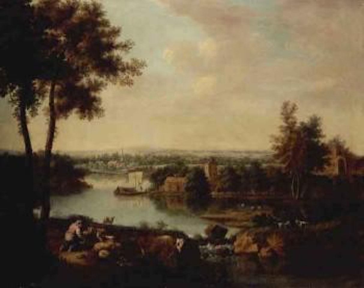 Maid milking goats in river landscape by Francesco Zuccarelli