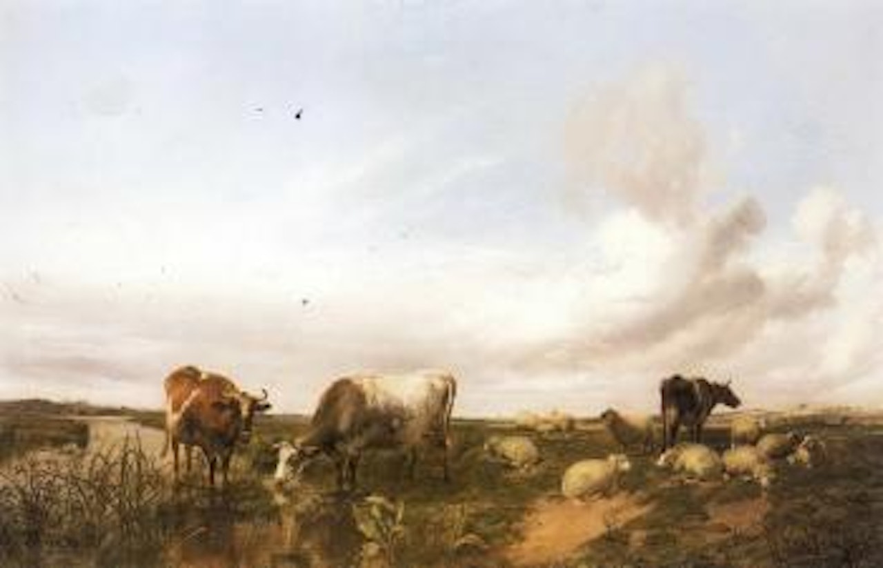 Sheep and cattle by stream by Thomas Sidney Cooper