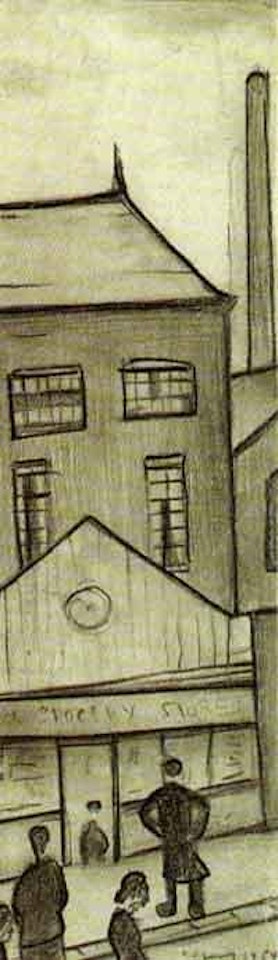 Figures outside the grocery stores by Laurence Stephen Lowry