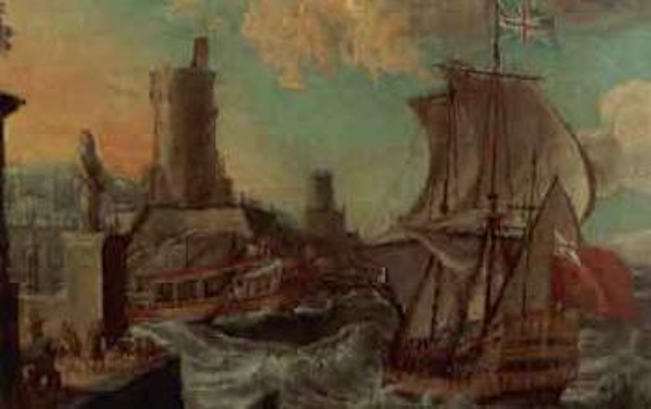 British Man-of-War entering harbour in stormy seas by Dutch School