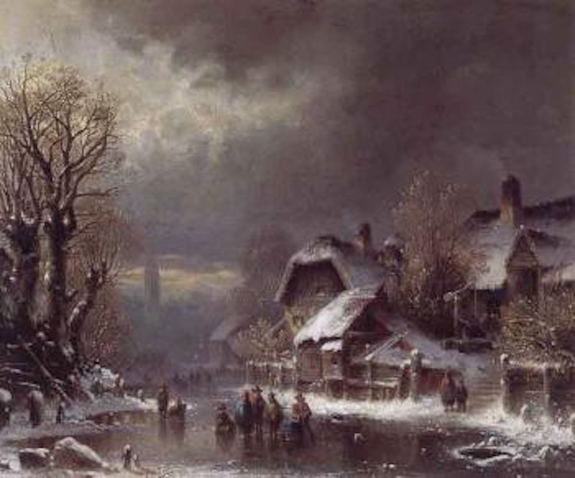 Skating pleasure on frozen village pond by Anton Doll