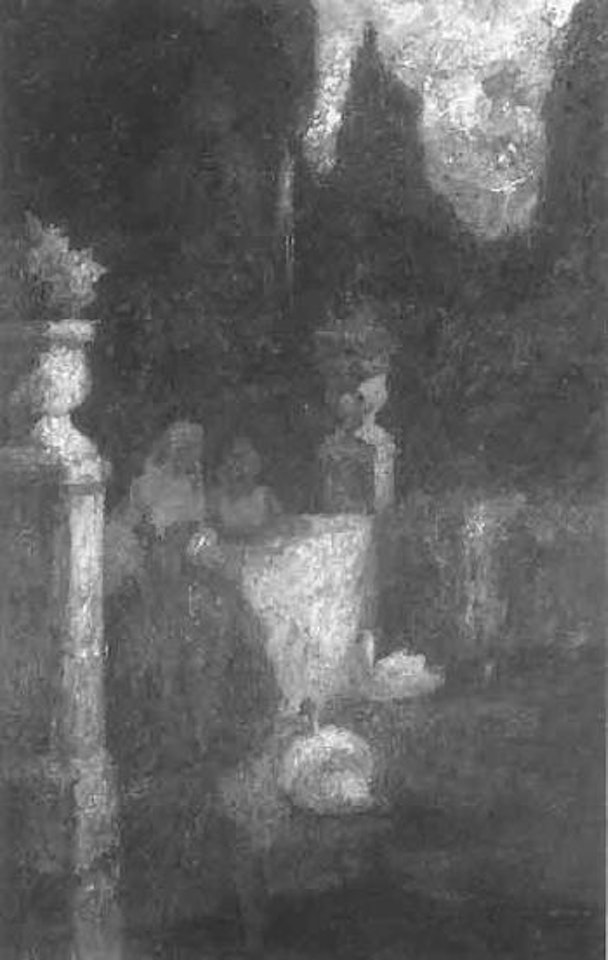 Feeding of swans in park during late evening by Adolphe Monticelli