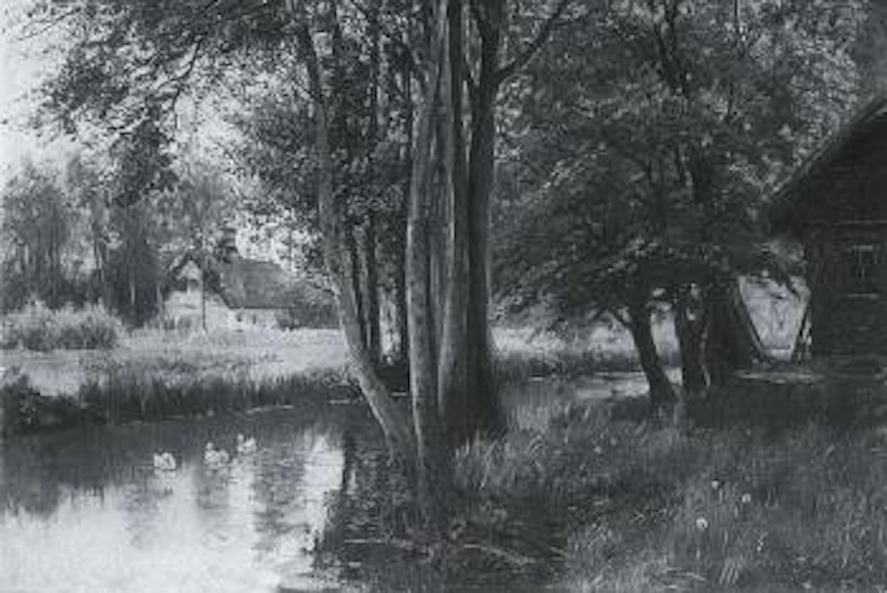 Mark river landscape with thatched buildings by Walter Moras
