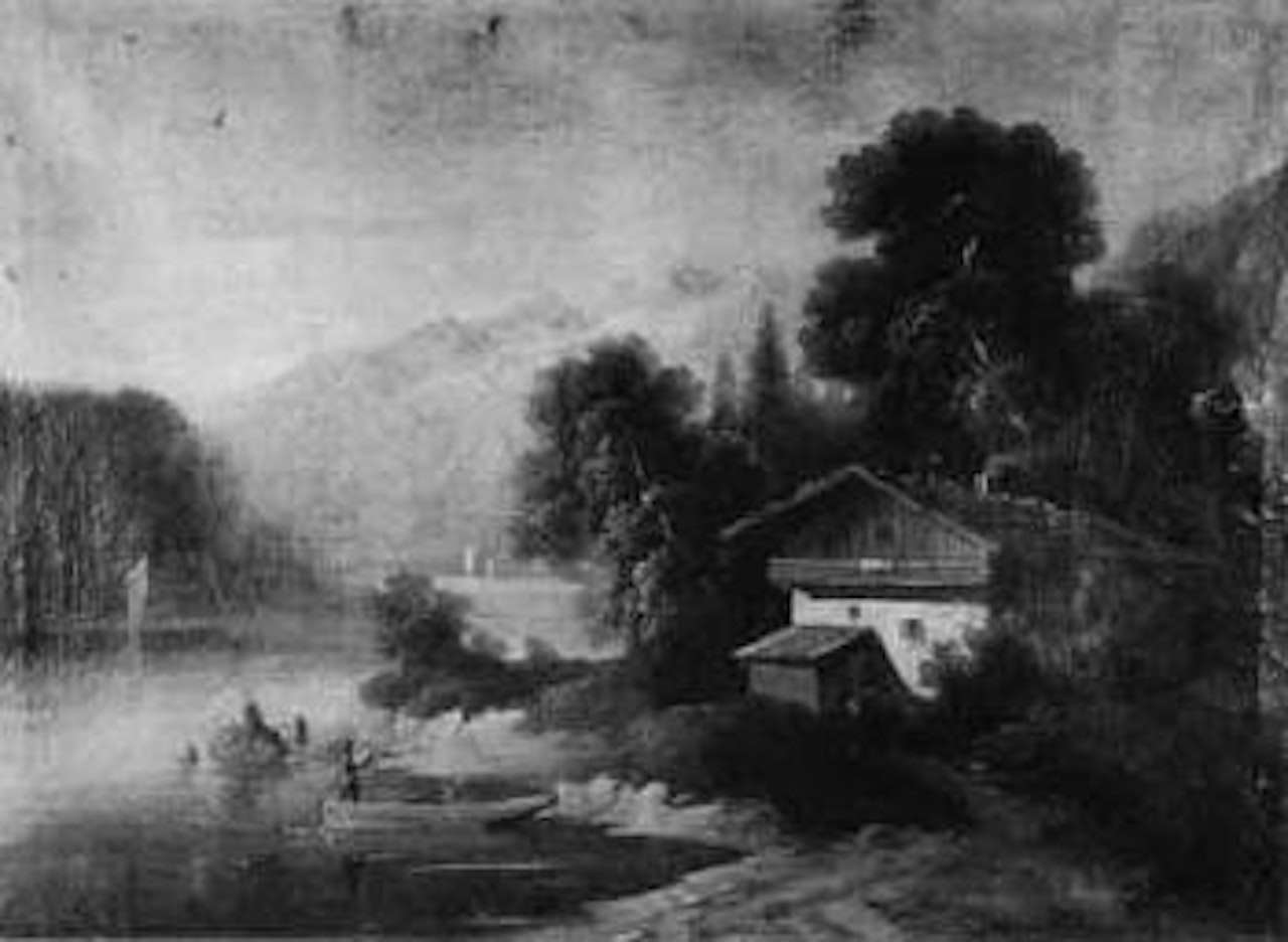 Cottage beside alpine lake by Alexandre Calame