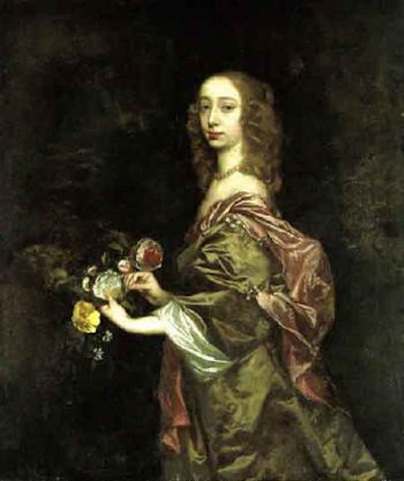 Portrait of Anne Earle in brown silk dress and pink shawl, holding flowers by Sir Peter Lely
