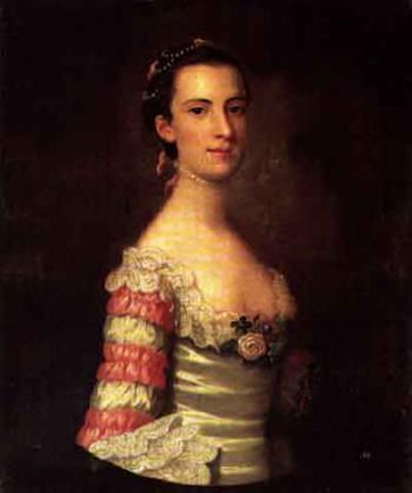 Portrait of lady in white and pink dress edged with lace by English School
