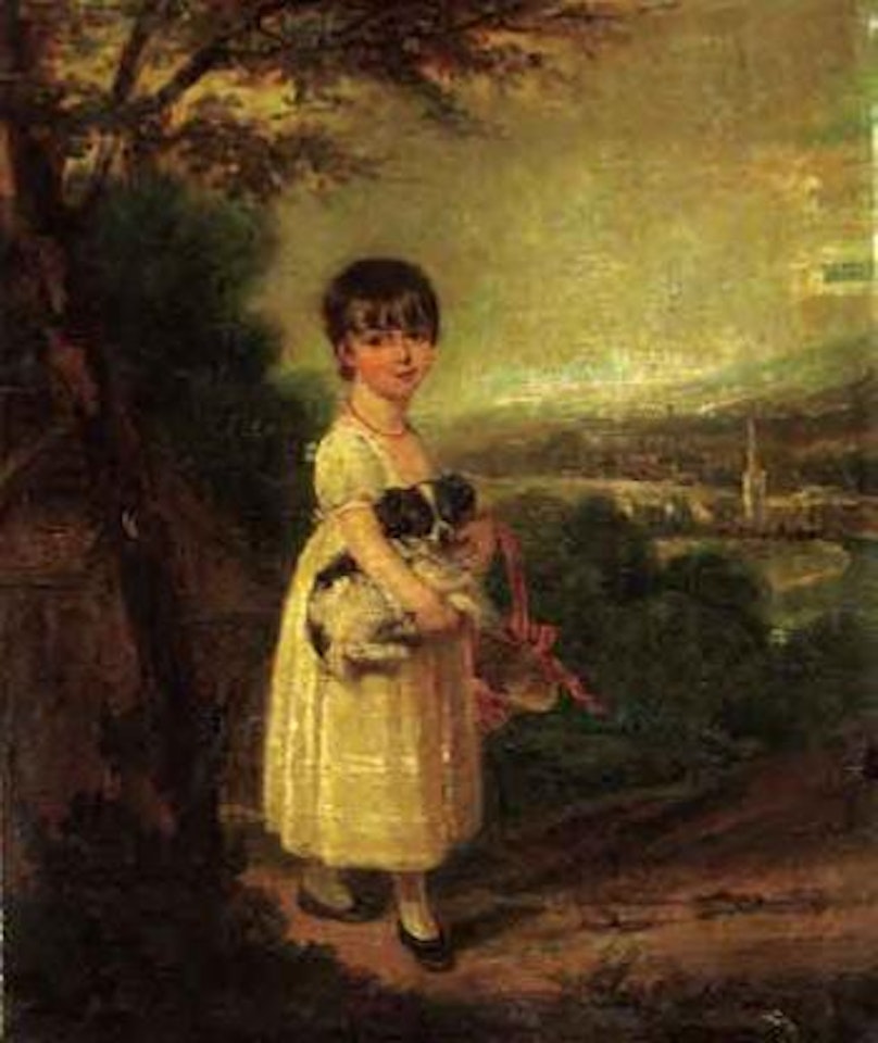 Portrait of young girl in white dress holding dog and hat by Richard Westall