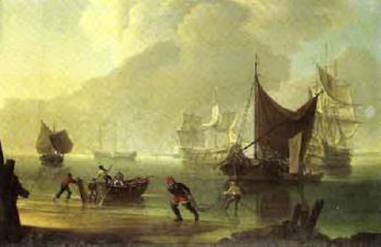 Men-o-war and other shipping in calm, with fishermen in foreground by Charles Martin Powell