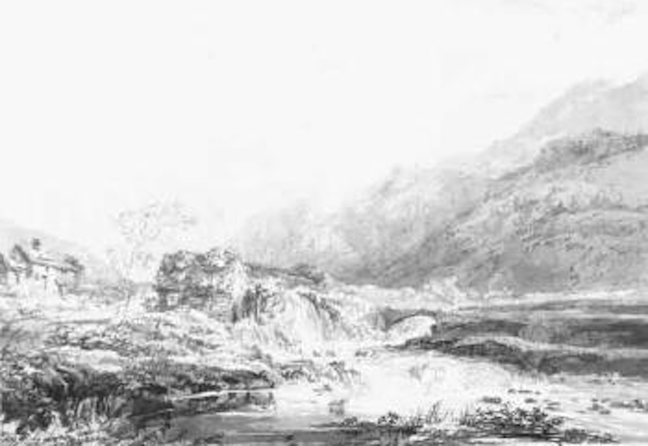 Mountainous landscape with overshot mill and bridge by Joseph Mallord William Turner