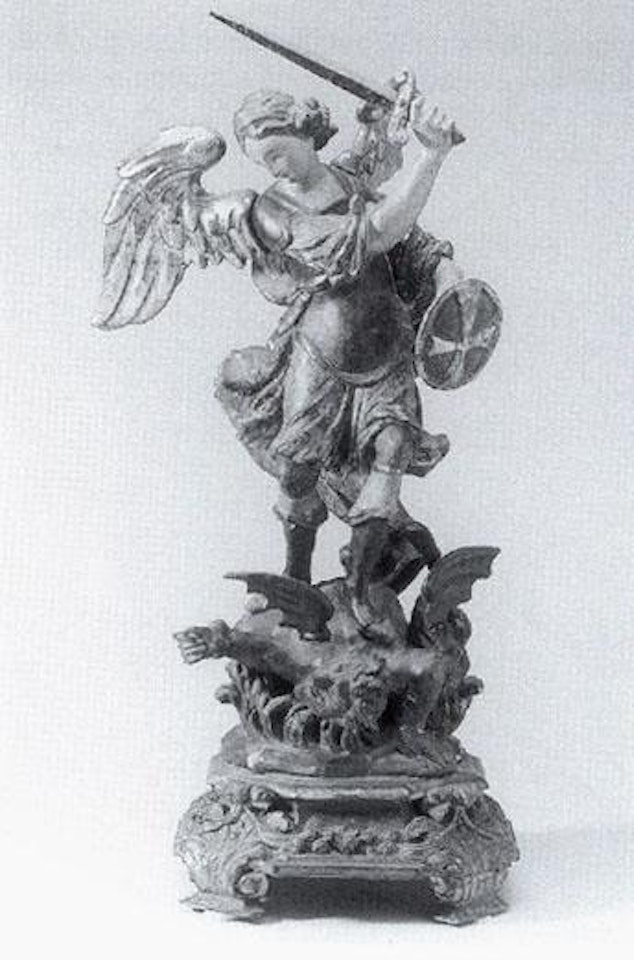 St Michael with sword and shield standing over Lucifer by Italian School