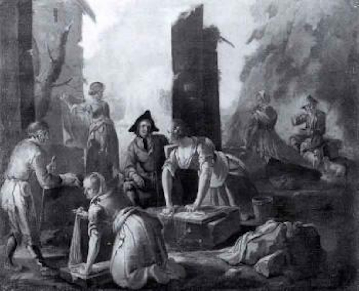 Washerwomen, shepherd and begger by ruins by Italian School