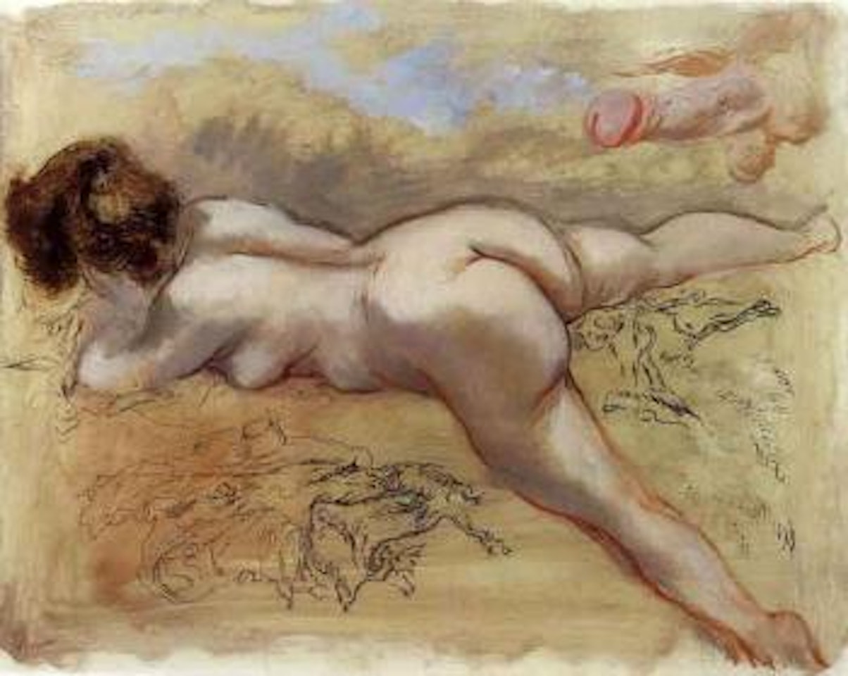 Reclining female nude with flying phallus by George Grosz