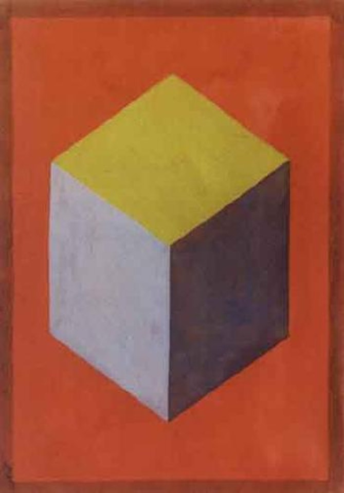 Cube in three colours on red ground by Sol LeWitt