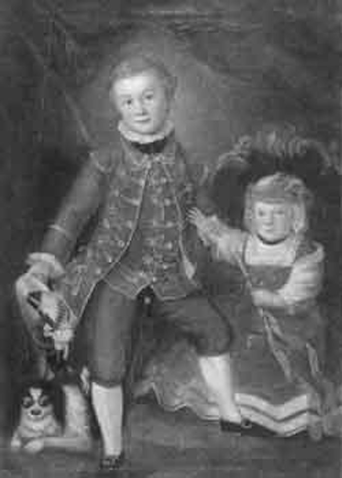 Portrait of two children with dog by German School