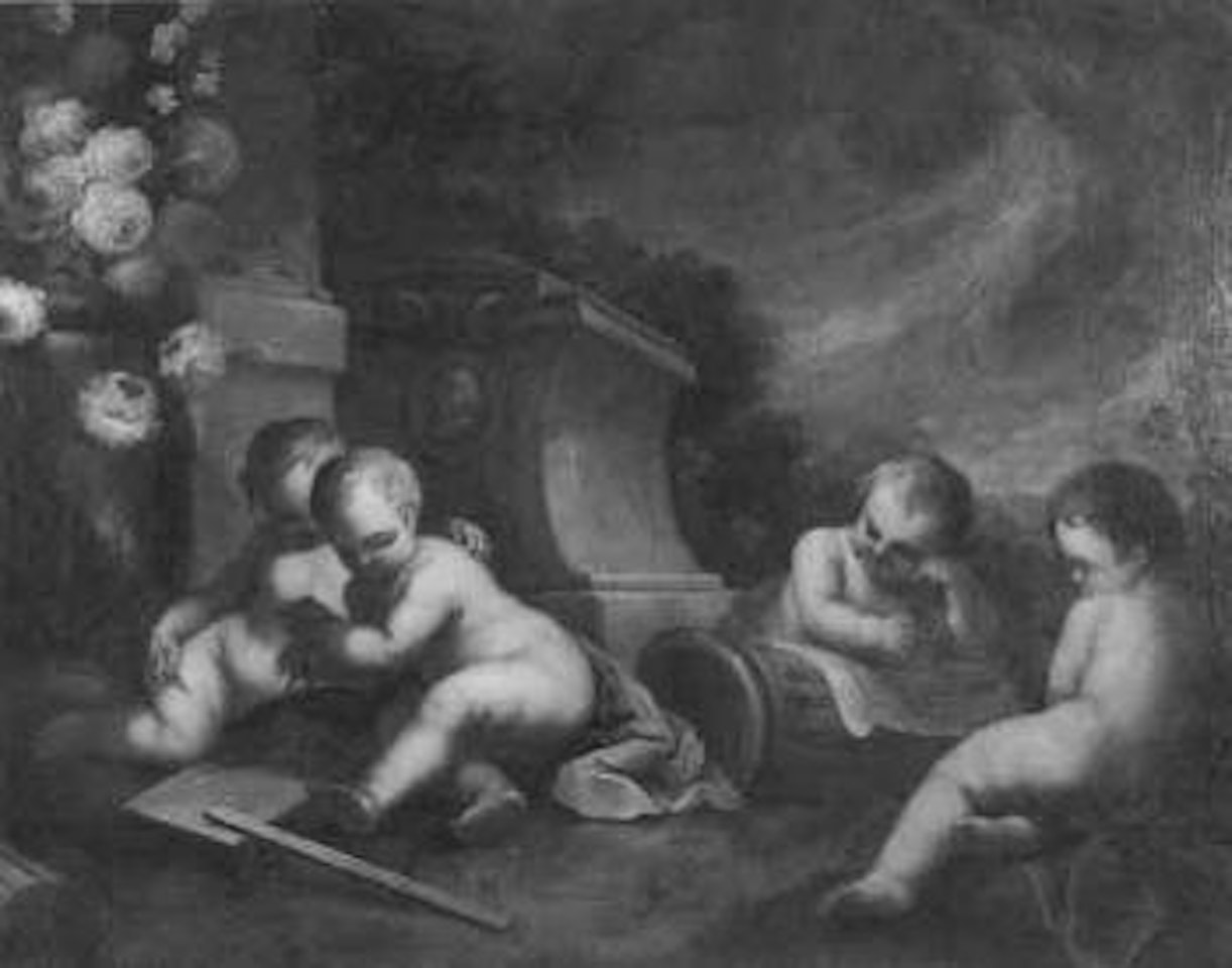 Four putti before pillar with flowers by French School