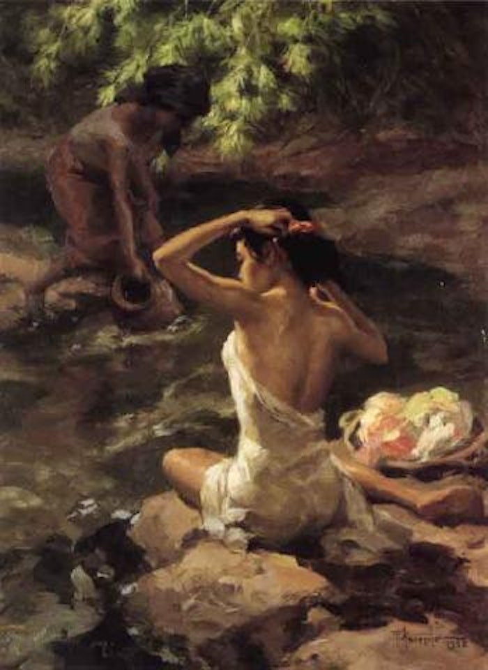 Two women by stream by Fernando Amorsolo