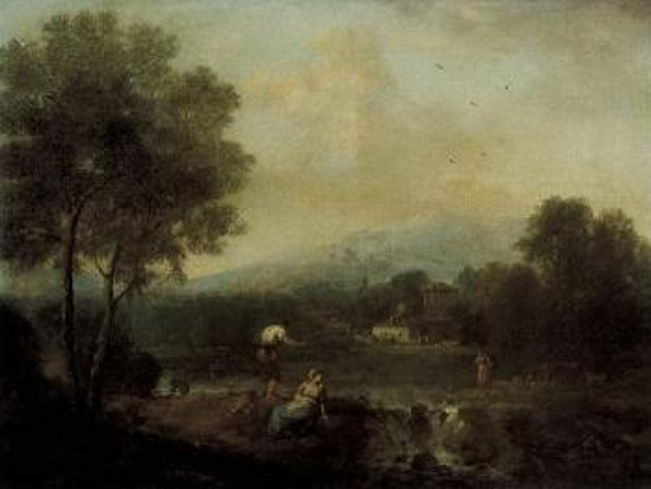 Italianate lake landscape, figures by waterfall by Francesco Zuccarelli