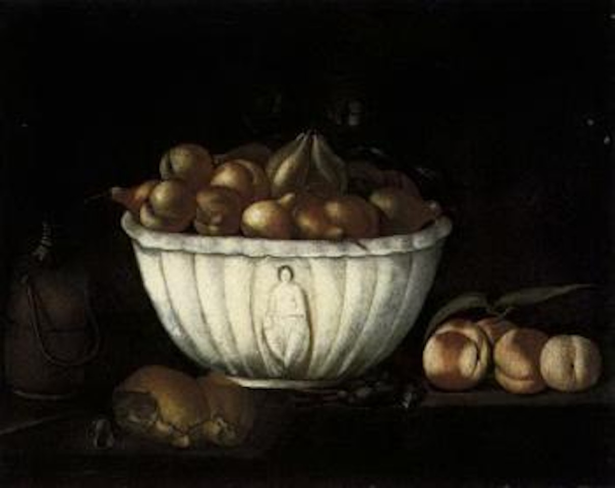 Still life of peaches, bread, pears in white bowl on ledge by Spanish School