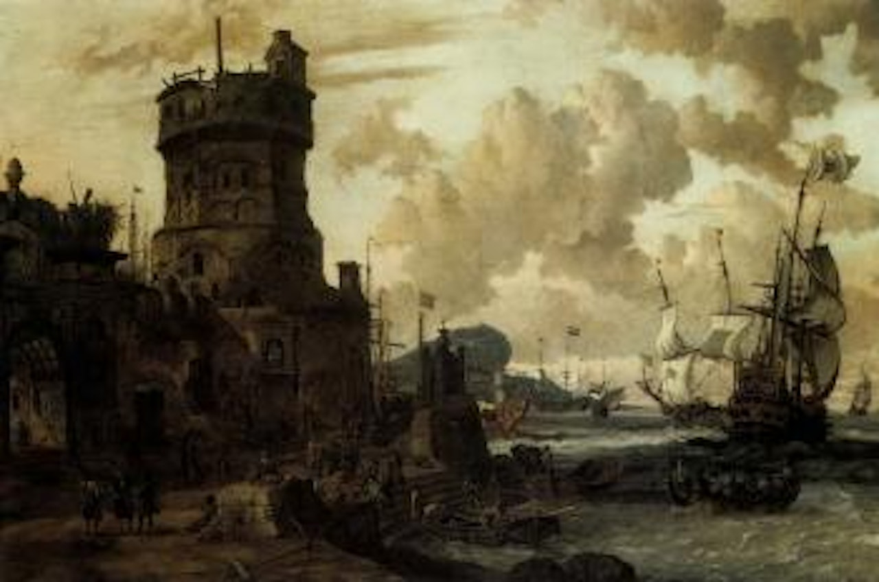 Mediterranean harbour scene with shipping by Abraham Storck