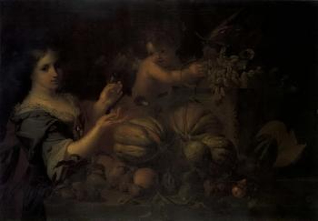 Still life of fruit with lady and putto by Michele Pace del Campidoglio