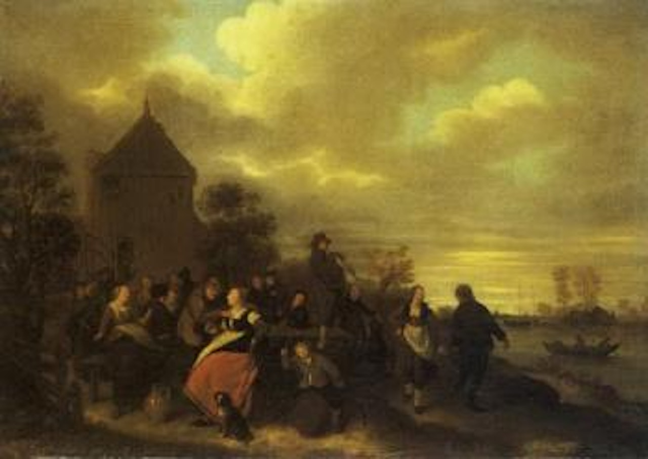 Peasants merrymaking and dancing outside riverside inn by Jan Miense Molenaer
