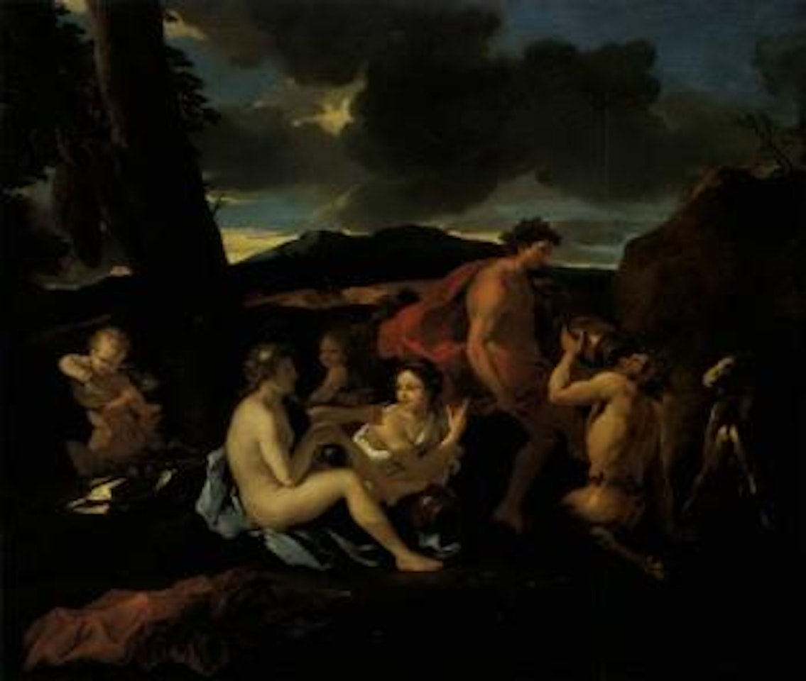 Bacchanal, satyrs, other figures in landscape by Nicolas Poussin
