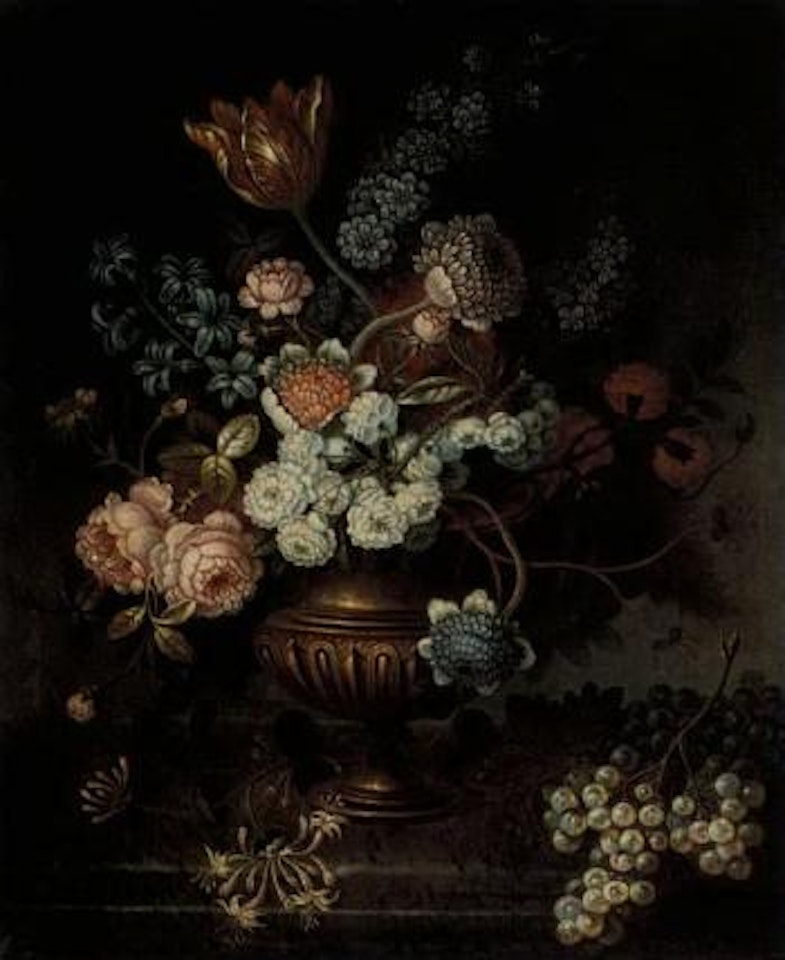 Still life with flowers in vase and with figs, other fruit by French School