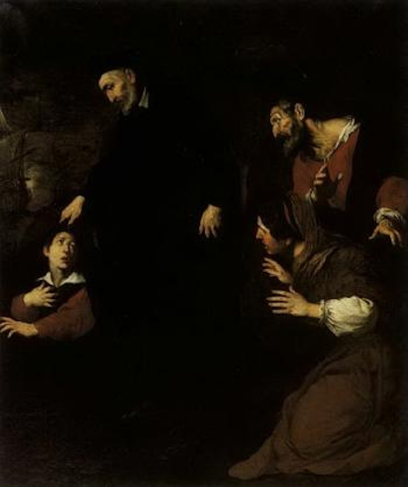 Cleric blessing young boy, old man and woman looking on by Pietro Novelli