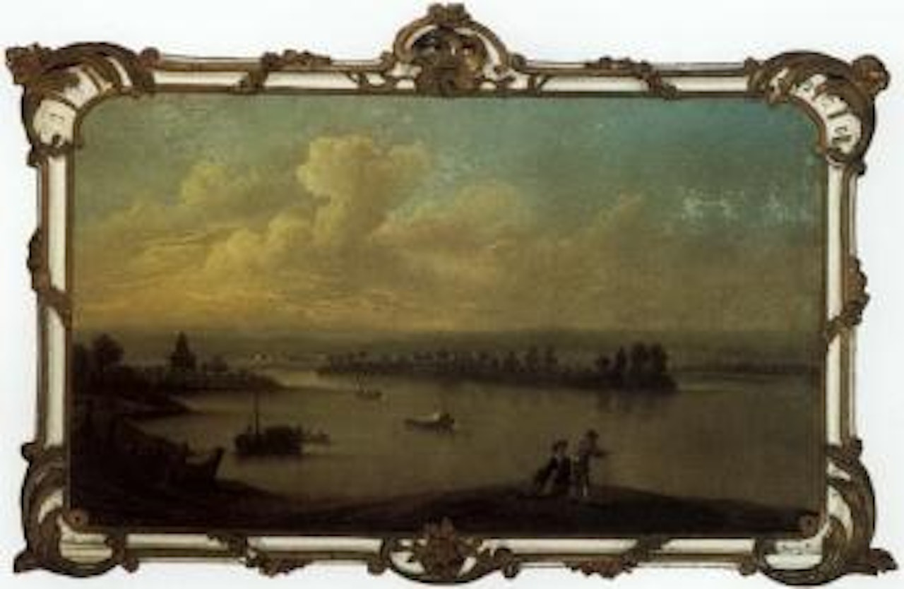 Rhineland river landscape with boats and figures by German School