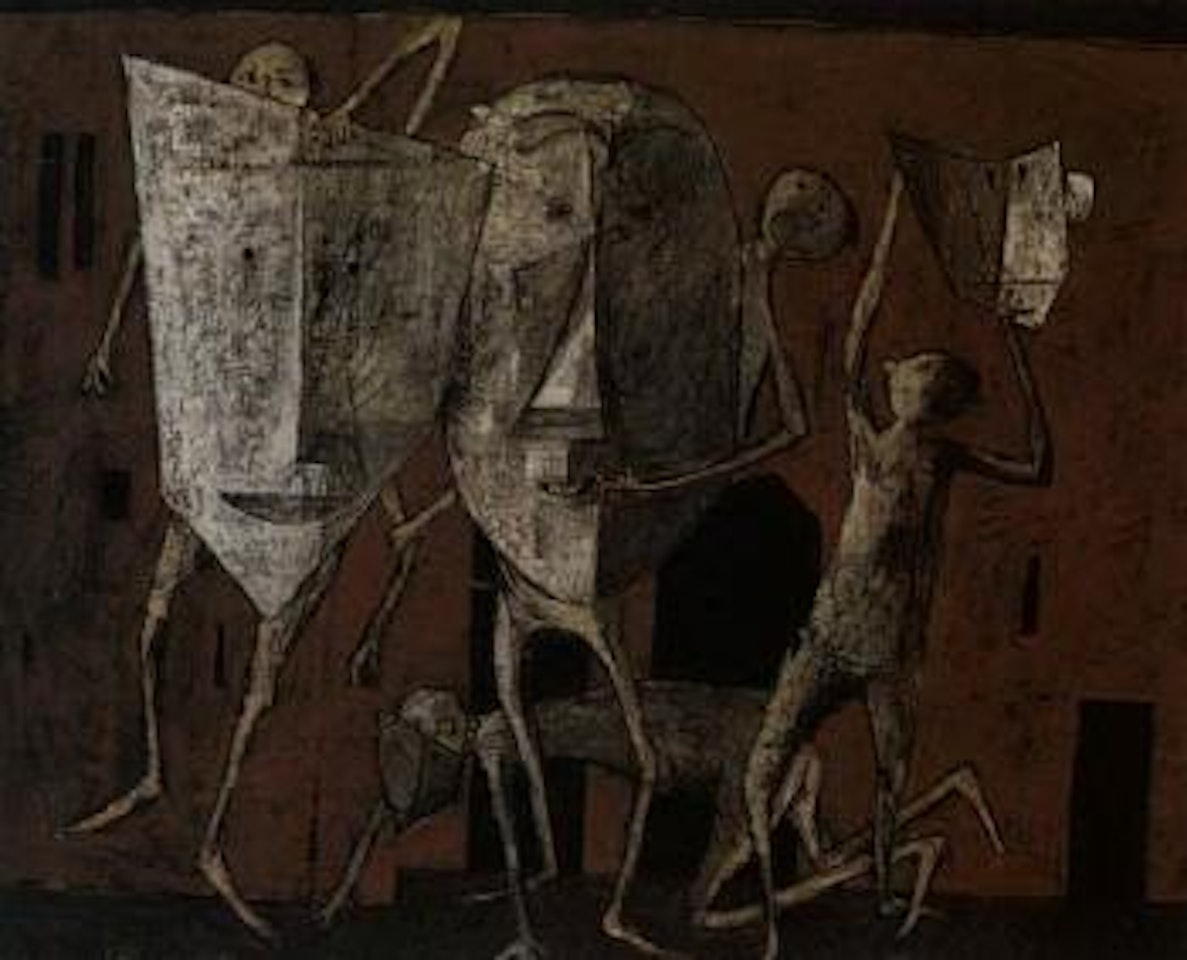 Boys dancing by red wall by Yosl Bergner