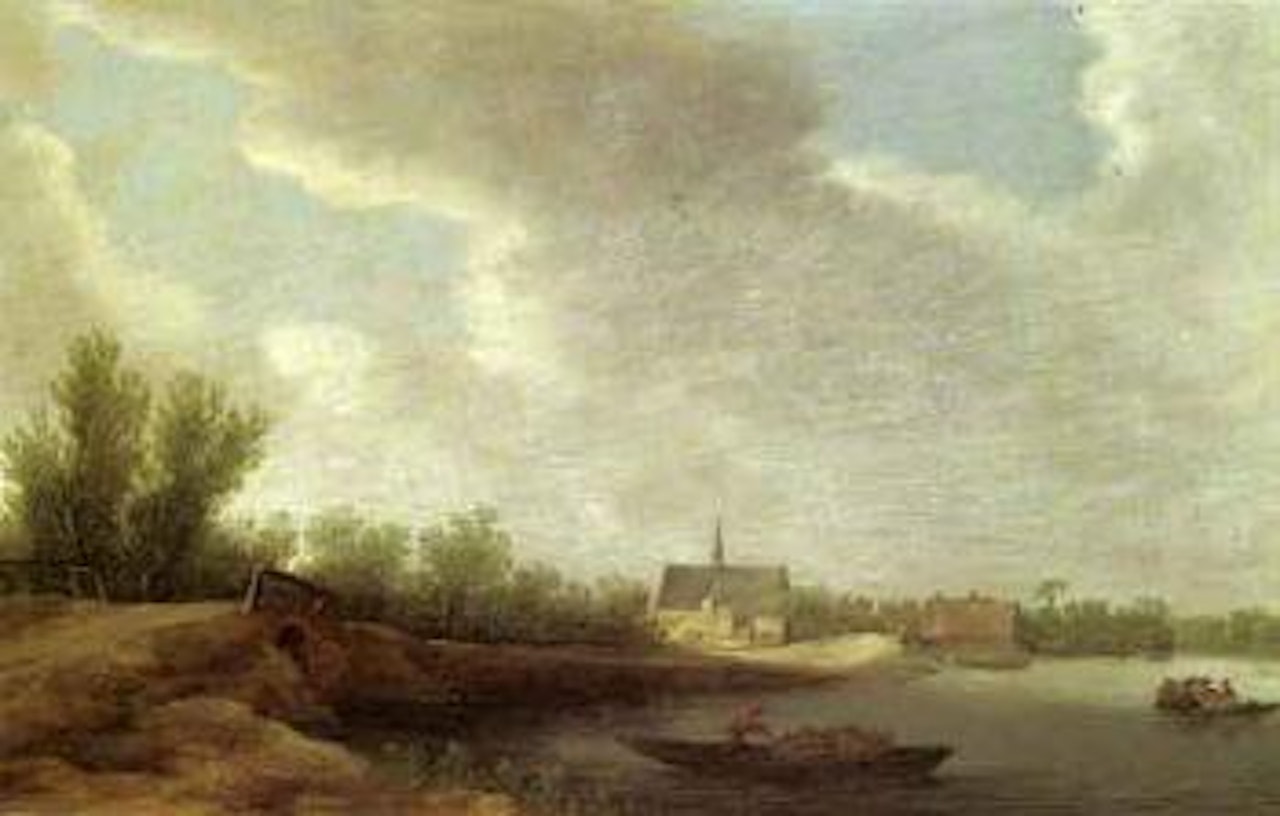 View of Leiderdorp with rowing boats, church beyond by Jan van Goyen