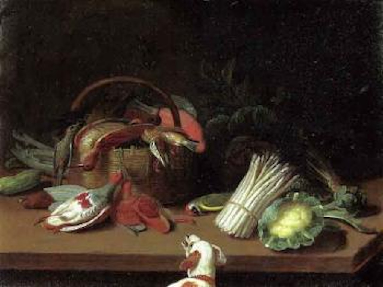 Partridges, woodcock, other birds in basket, dog beside by Jan Van Kessel The Elder