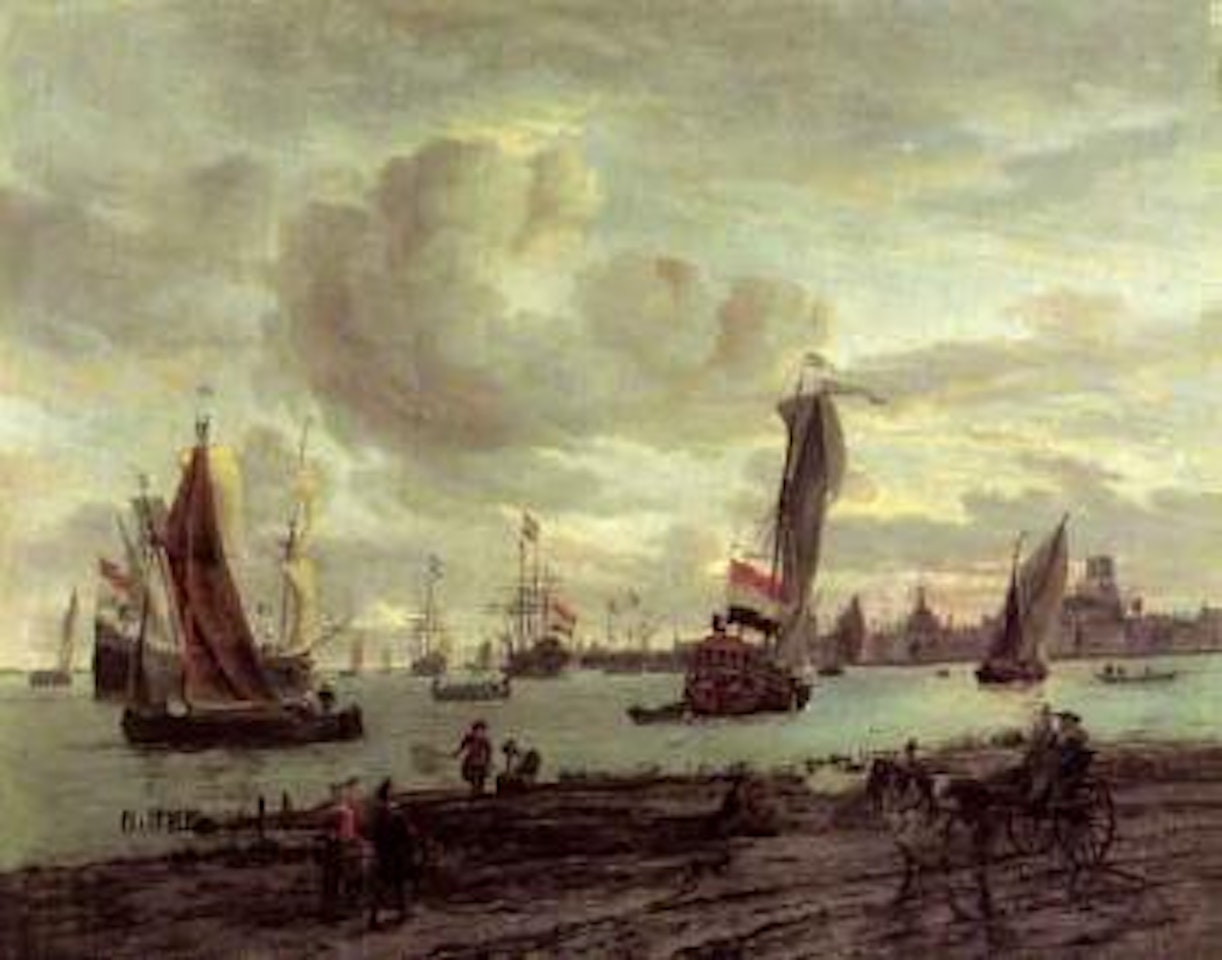 Shipping off Rotterdam, fisherfolk, elegant couple on track by Abraham Storck