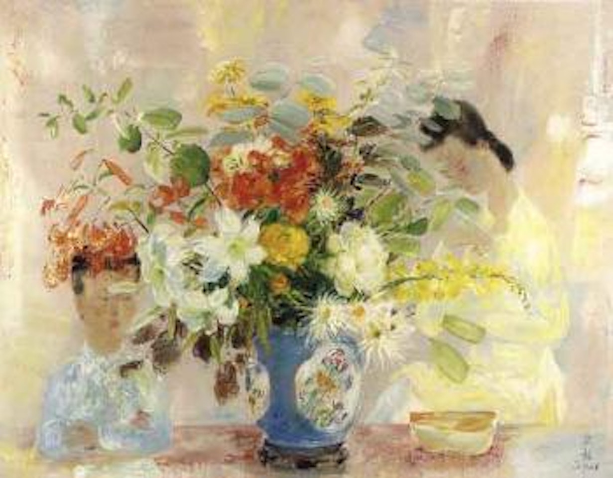 Still life with flowers in vase and two figures by Le Pho