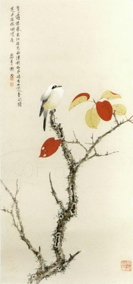 Bird on red leaf branch by Xie Zhiliu