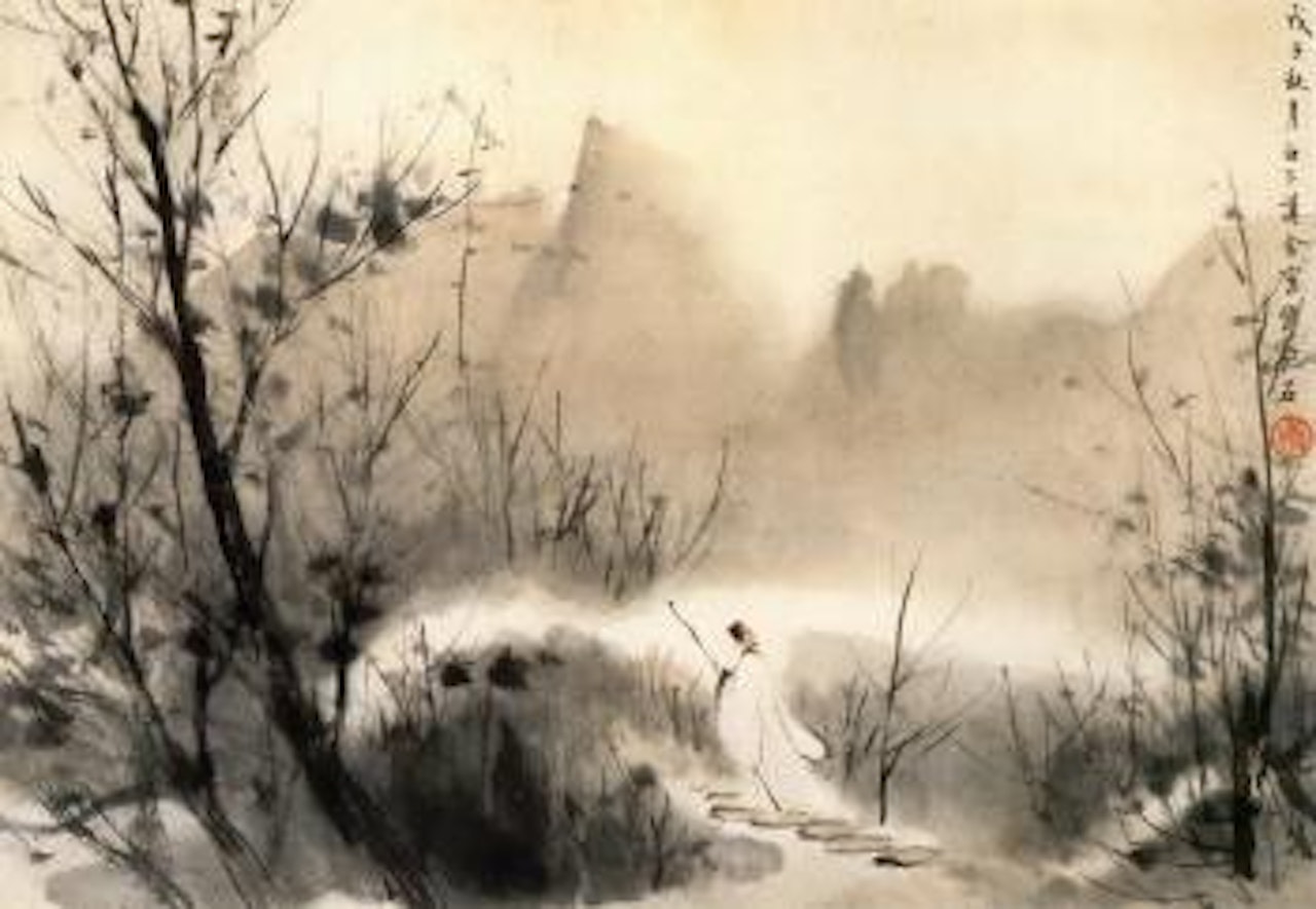 Scholar stalking alone in wintery forest by Fu Baoshi