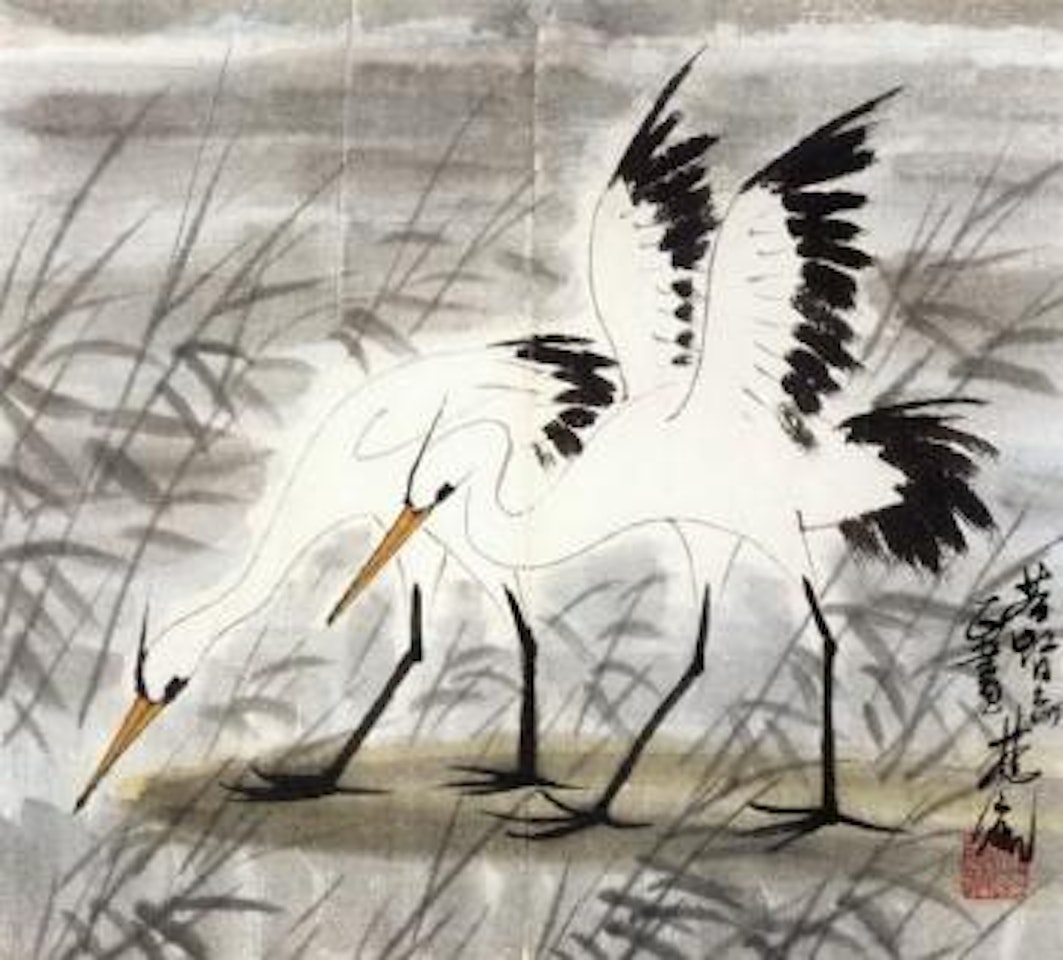 Nude and egrets by Lin Fengmian