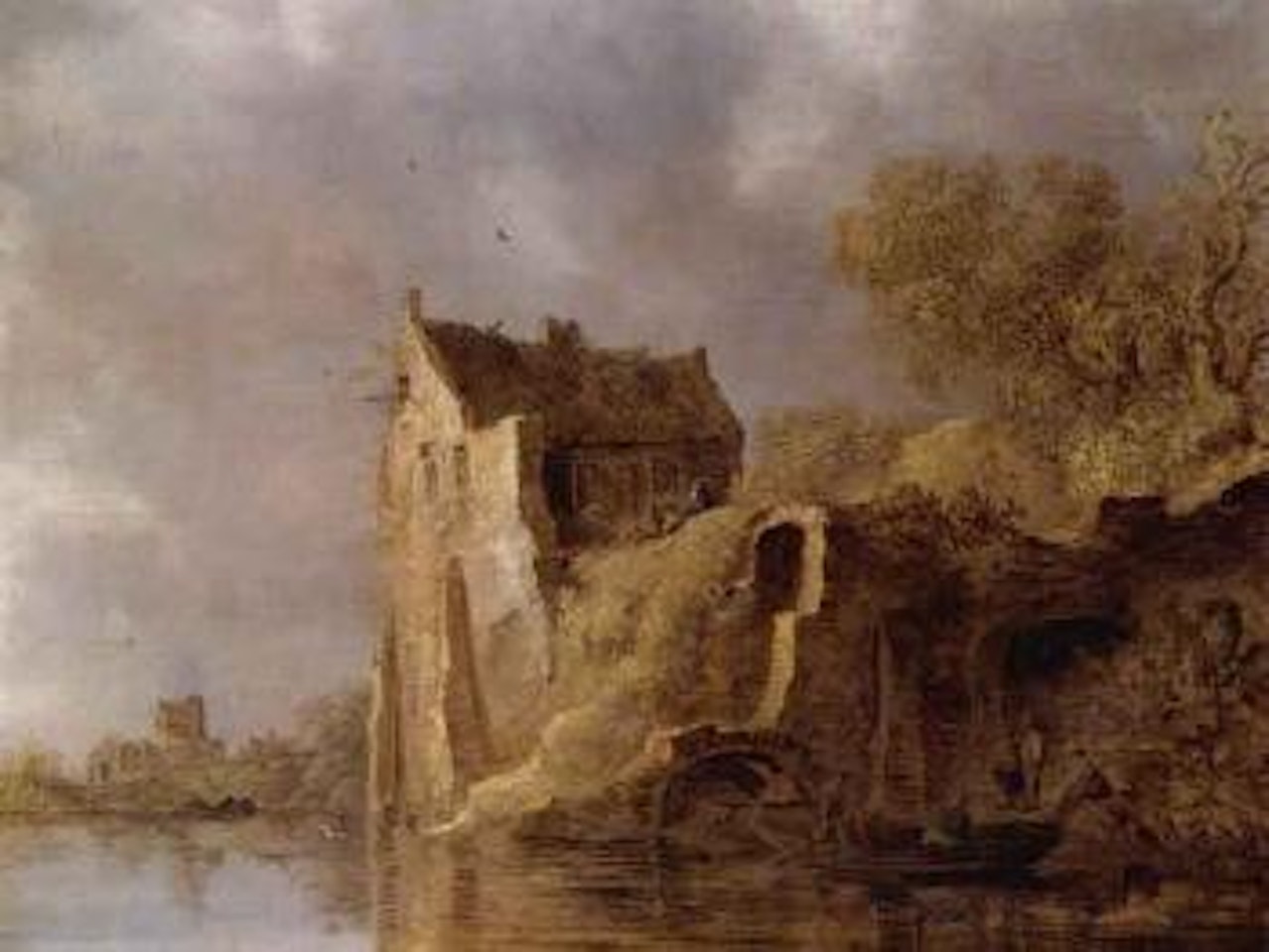 Fishermen rowing by landing stage near ruined castle by Jan van Goyen