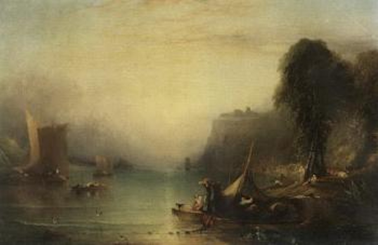 Fishermen by lake by Italian School