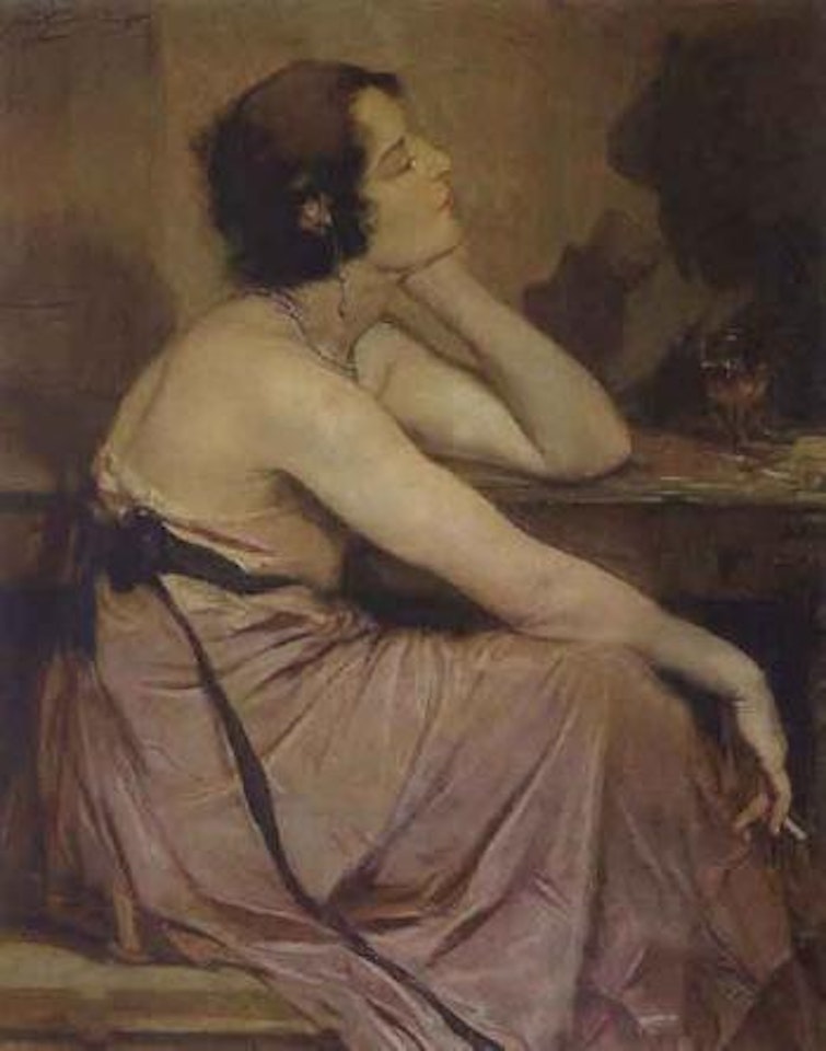 Pensive lady in pink dress by Jean Gouweloos