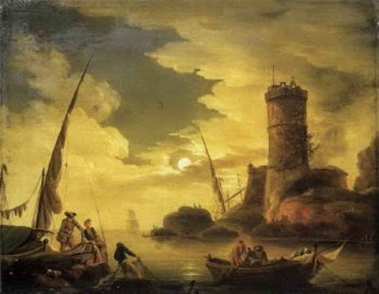 Mediterranean harbour with fisherfolk by moonlight by Claude Joseph Vernet