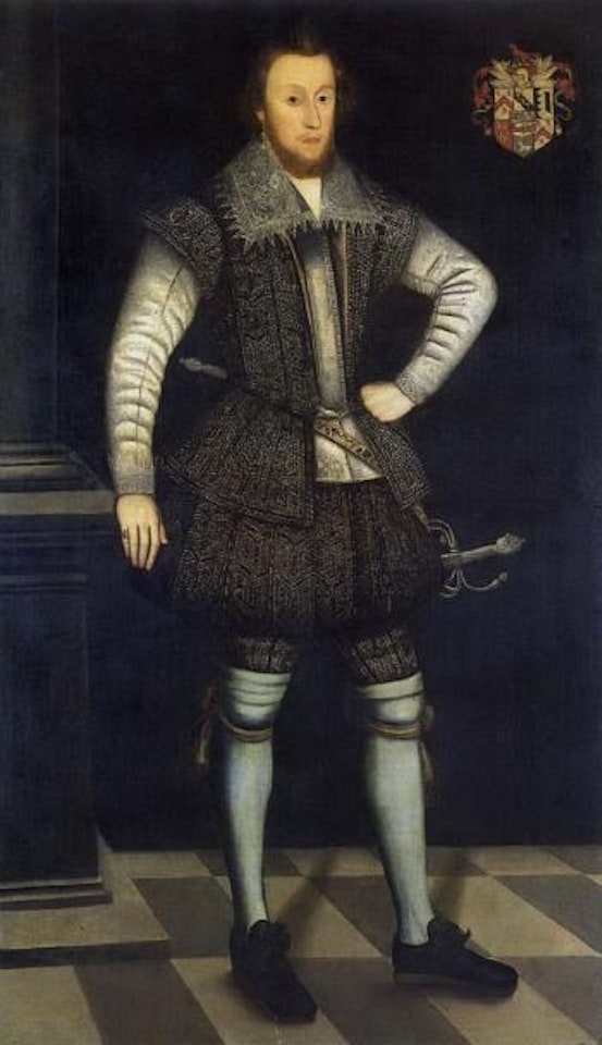 Sir Edward Fox of Gwrrnego in embroidered black doublet by English School